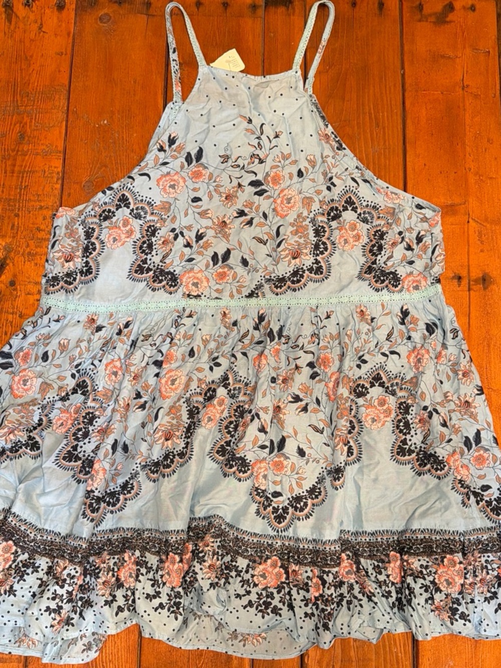 Free People Light Blue Floral Midi Dress with Pink & Black Embroidery - Picture 2 of 3